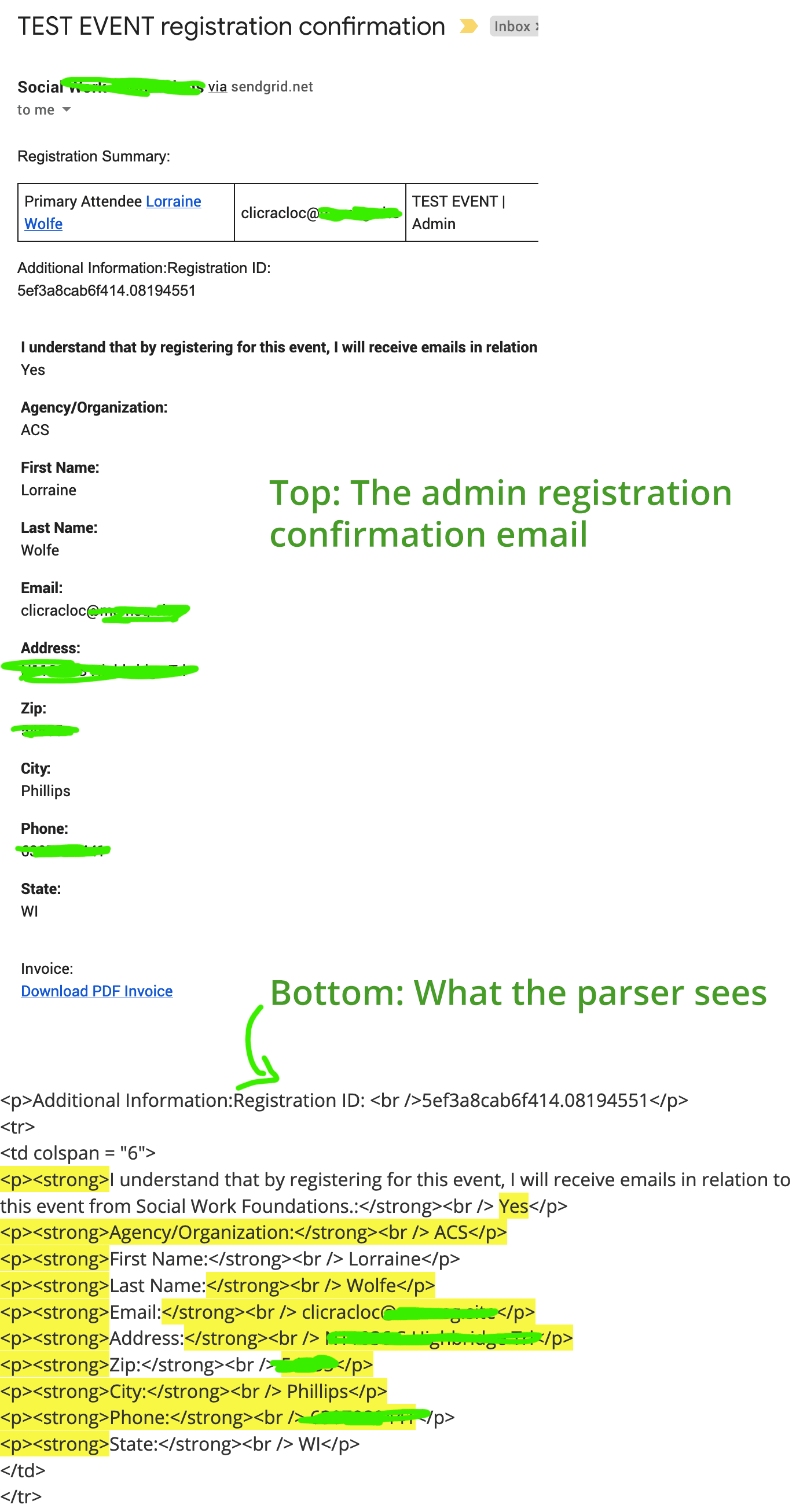 Screenshot showing confirmation email with formatting that makes it hard for parser to understand